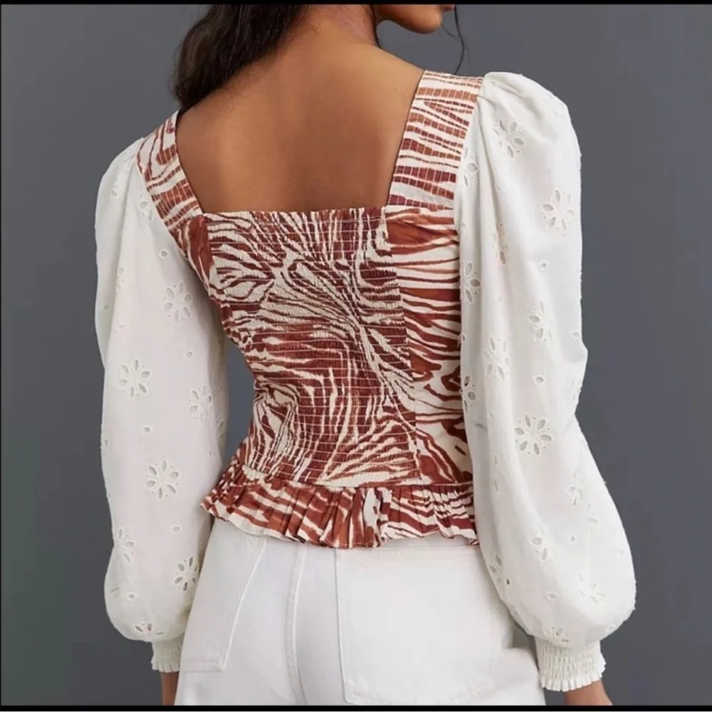 Anthropologie Love the Label Smocked Puff Sleeve Eyelet Blouse Size S‎